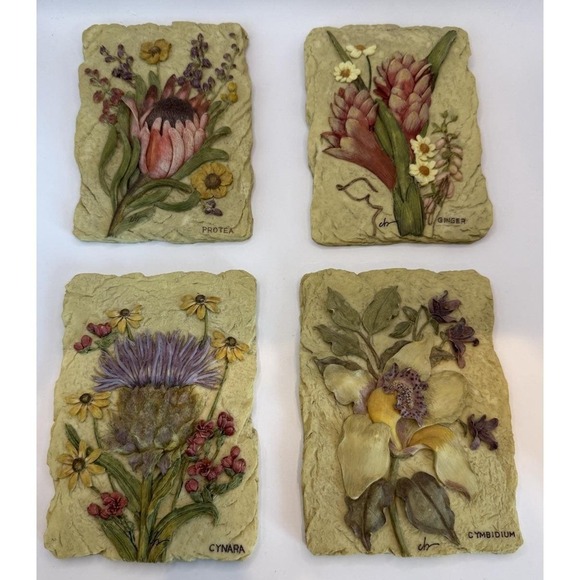 Cheri Blum Other - Set 4 Vintage Cherri Blum Wall Plaques Art 3D Floral Tiles Cynara Protea Ginger